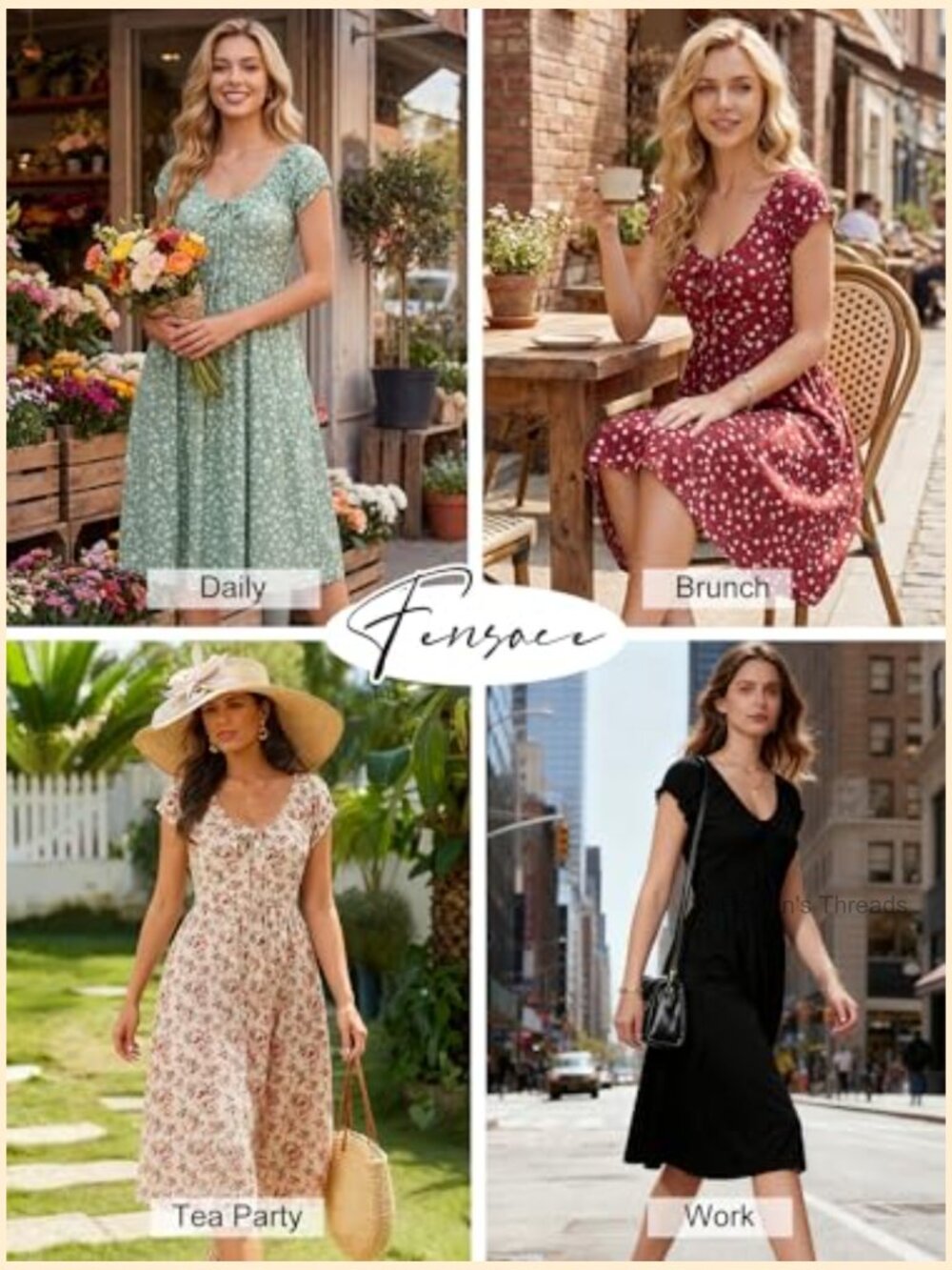 Floral V Neck Puff Cap Sleeve Sundress Midi Dress with Pockets - Picture 5 of 7
